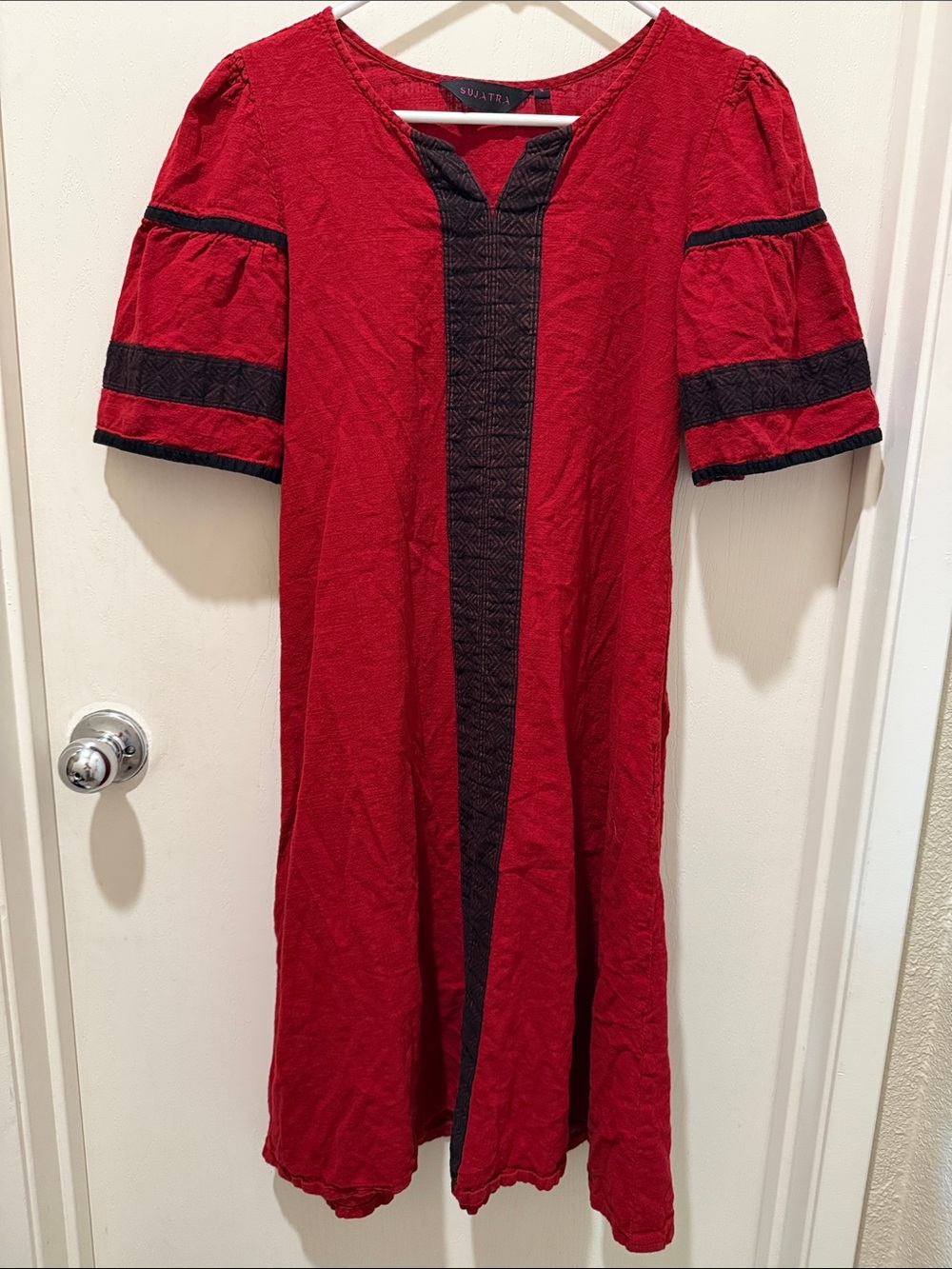 Sujatra Red Short-Sleeve Midi Dress with Black Trim